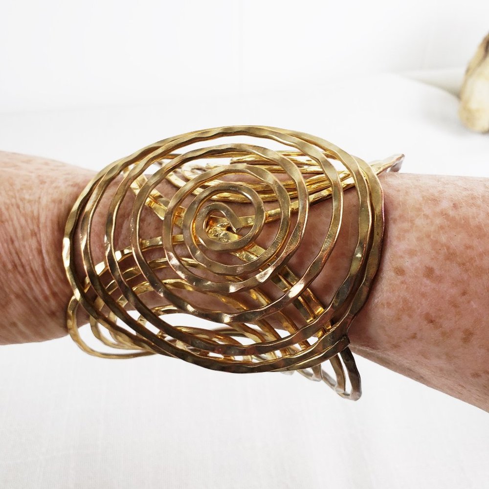 Gold Textured Spiral Circles Cuff Bracelet